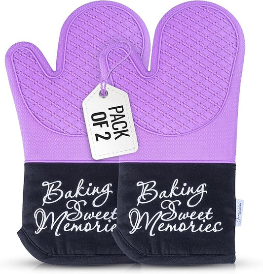 Mitts - Long Slip Resistant Pot Holders - Silicone Oven Mitts - Baking Gloves for Oven - Perfect for Baking, BBQ, Cooking, and Grilling, Oven Mitts Set of 2, 7''x13'' (Purple)