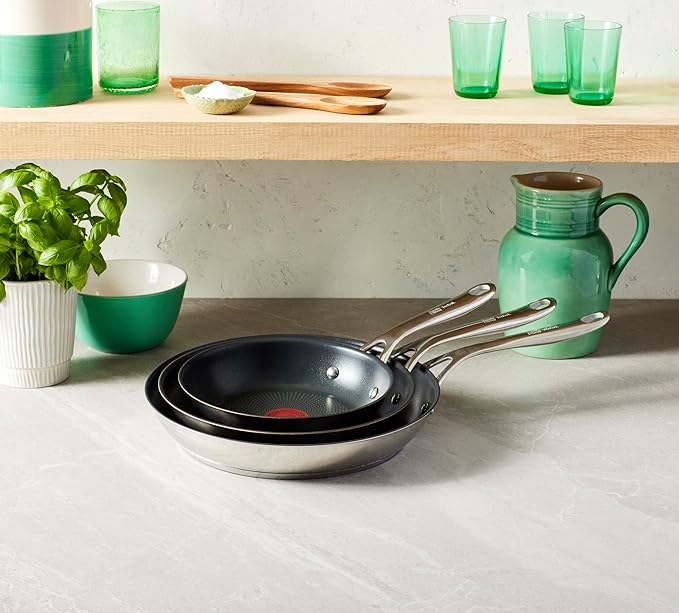 T-Fal x Jamie Oliver Nonstick Coated Stainless Steel Pans 9.5" & 11", Induction Compatible, Oven Safe up to 500°F, Chef's Stainless Steel Skillet, Frying Pan, Silver