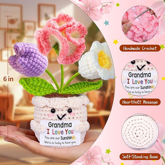 Mothers Day Birthday Gifts for Grandma, Grandma Gifts from Grandkids, Mother's Day Birthday Gift for Nana Grandmother GaGa, Cute Handmade Crochet Tulip 3 Flowers Pot Doll I Love You Present for Gigi