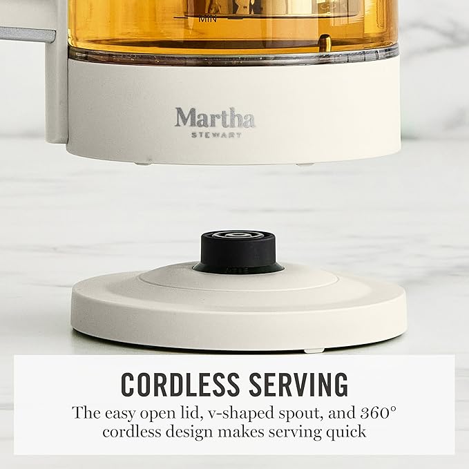 Martha Stewart Electric Kettle with Removable Stainless Steel Tea Infuser, Glass Carafe 1.7L (7 Cups), Hot Water Boiler, 4 Presets, Keep Warm & Auto Shut-Off, Cordless 360° Swivel Base, Linen White