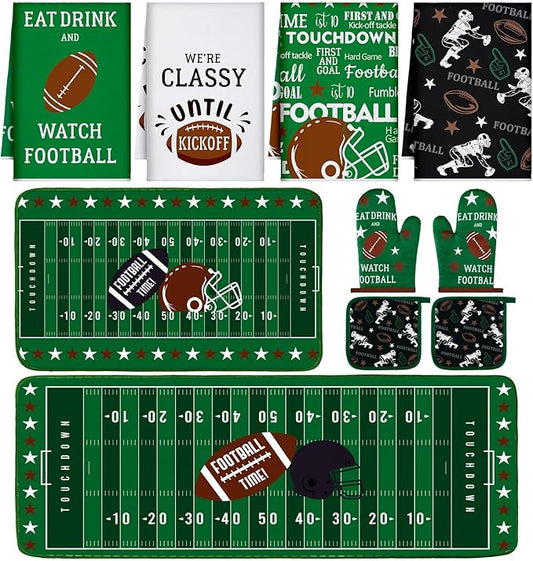 Fourluoo 10 Pcs Football Kitchen Decor Oven Mitts and Pot Holders Sets Football Dish Towels Pot Holders Sports Kitchen Rugs and Mats for Women Reusable Cooking Grilling Accessories Mom Gift