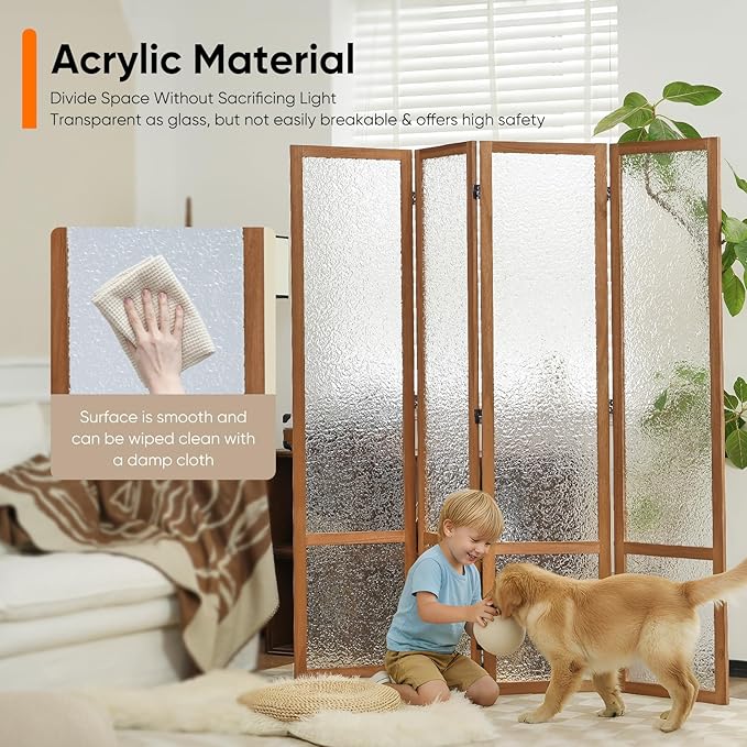 JOSTYLE Acrylic Room Divider, Frosted Glass Like Partition Privacy Screen, 4-Panel Contemporary Translucent Wall Divider for Bedroom&Office, Brown Wood Frame, 67" H x 64" W