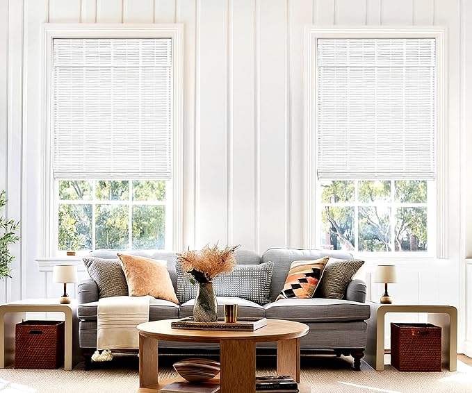 LazBlinds No Tools No Drill Cordless Bamboo Roman Shades, Light Filtering Window Treatment, Roll Up Bamboo Blinds for Windows 24'' W x 48'' H, Whitewash T