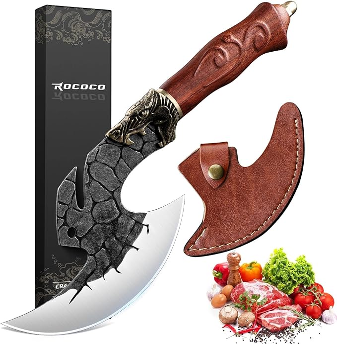 ROCOCO Viking Cleaver Knife Birthday - Butcher Meat Cutting Boning Knife Hand Forged Chinese Kitchen Axe with Sheath Home Outdoor BBQ Camping Chirstmas Mother Father Gift Men