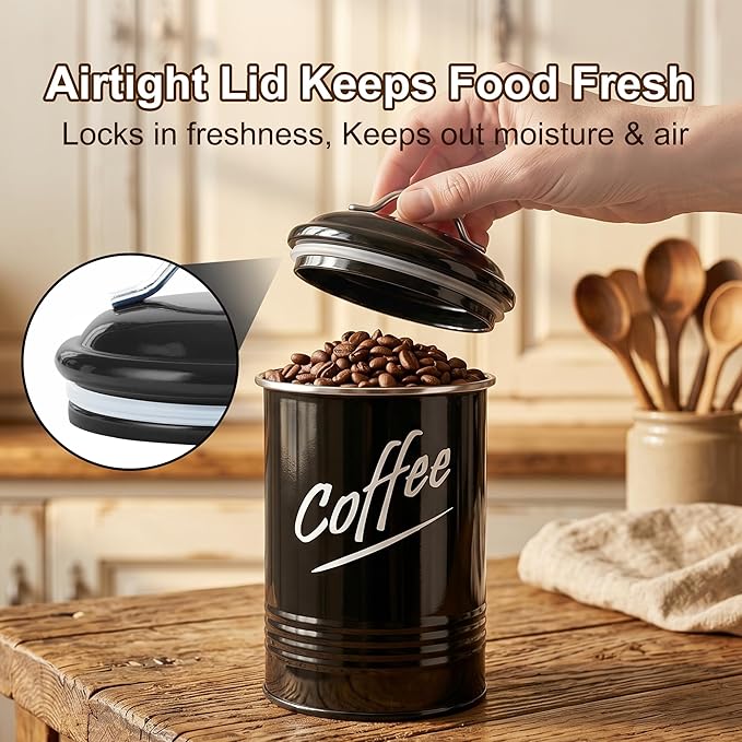 Hillbond Kitchen Canister Set of 4, Airtight Stainless Steel Food Storage Containers with Lids, Flour Sugar Coffee Tea Canisters for Countertop, Metal Kitchen Storage Jars, Black
