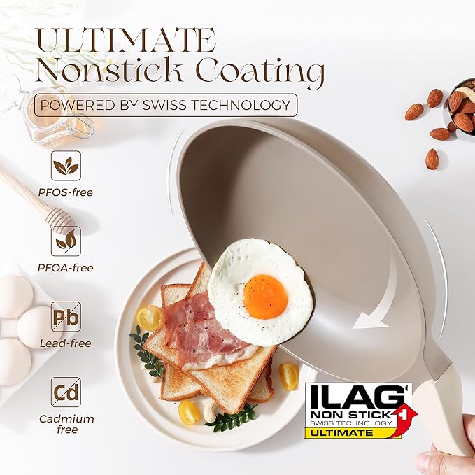 PRICUSIS Nonstick Pots and Pans Set, 9 Pieces Cookware, Omelete/Egg Skillet, Healthy Nonstick Frying Pan, PFOA Free, Induction Compatible, Honey Blush