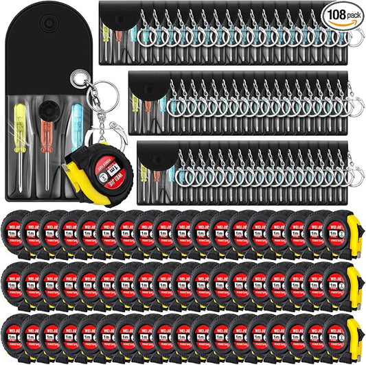 Jutom 108 Pcs Mini Tape Measure Keychain Bulk Mini Screwdriver Keychain Set Adult Tool Party Prize for Father's Men Gifts