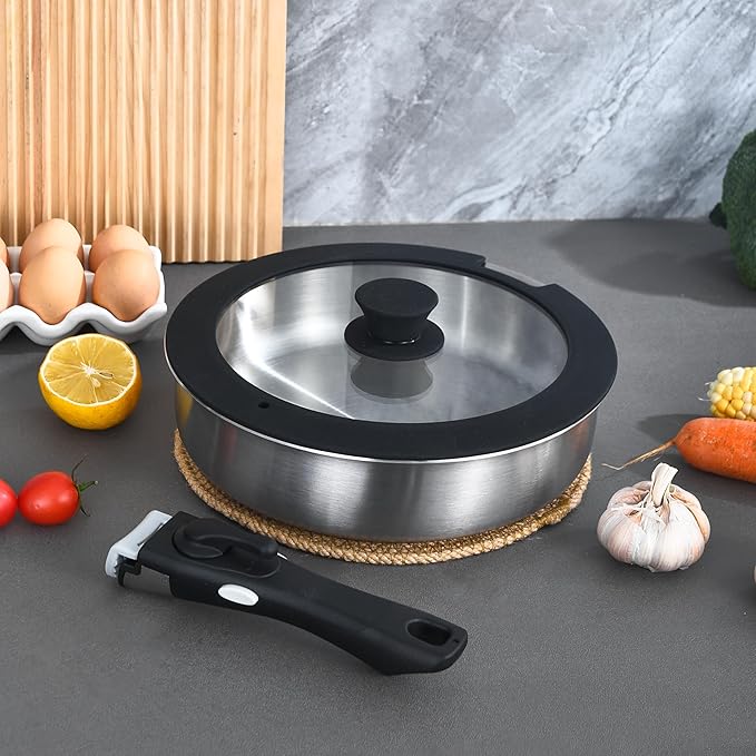 Inqibee Tri-Ply Stainless Steel Cookware Set with Removable Handle, Detachable Handle 10 Inch Deep Frying Pan, 3 QT Sauté Pan with Lid, Induction Kitchen Cooking, Dishwasher and Oven Safe