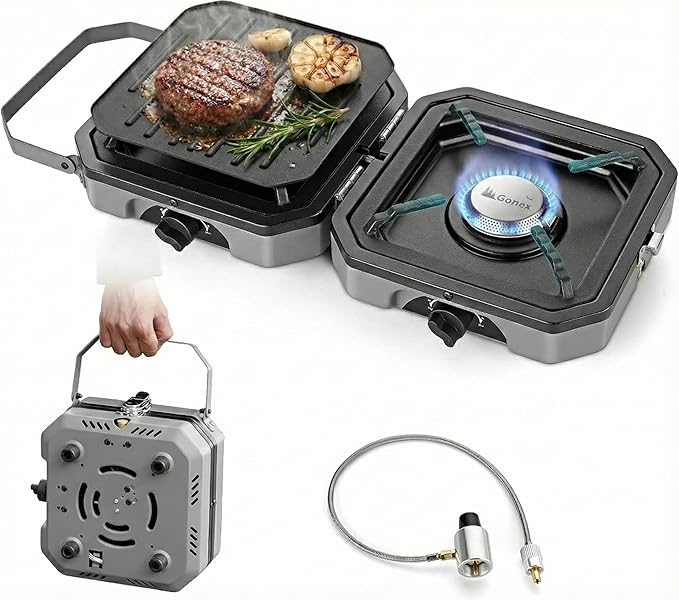 Gonex 2 Burner Propane Camping Stove with Griddle & Grates, Portable Foldable Cooking Stove with Total 16,000 BTU, Two Piezo Ignition Adjustable Burners for Camping, Patio, Emergency, Hiking (Grey)