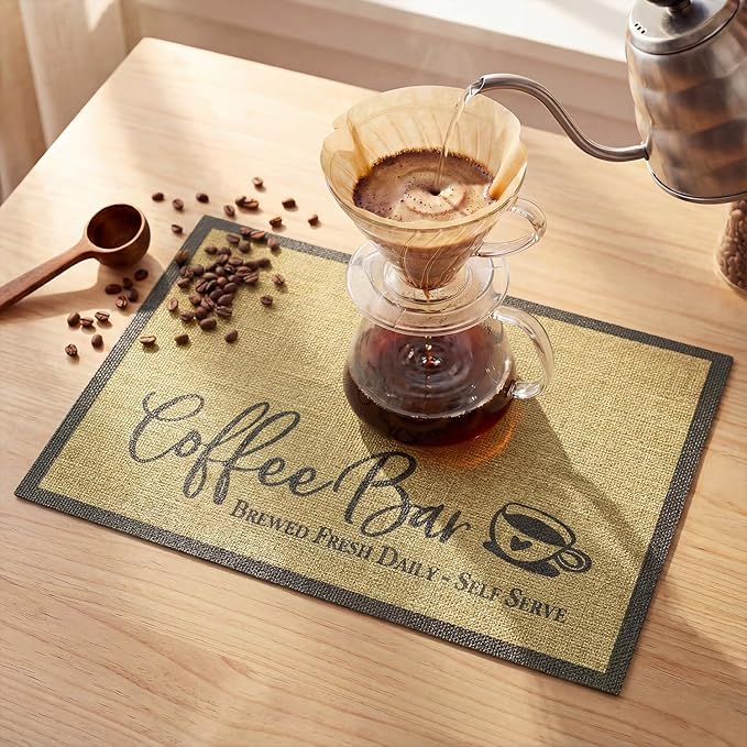 Artoid Mode Coffee Bar Mat Set of 2, Plastic Vinyl Washable Woven Non-Slip Table Mats for Coffee Machine Decor