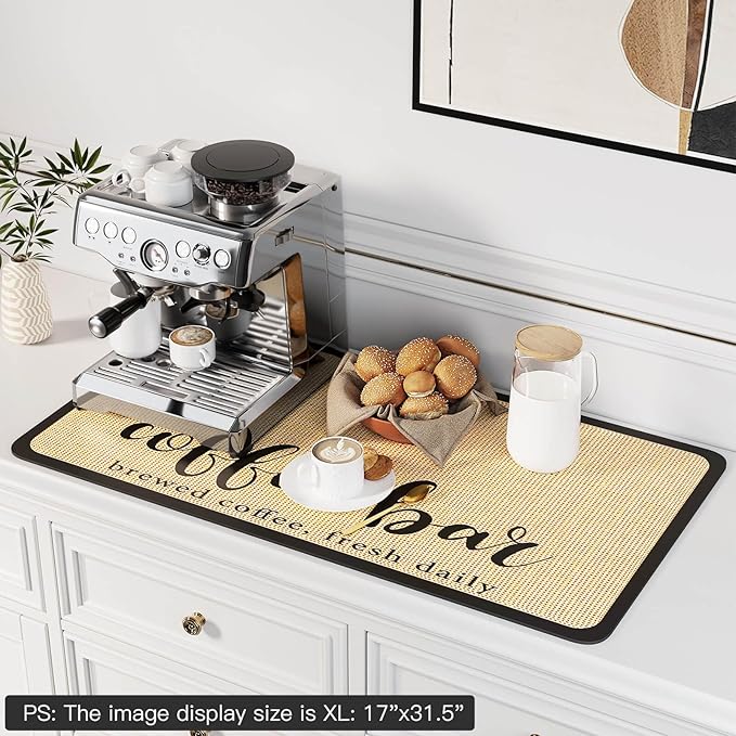 DK177 Coffee Mat - Dish Drying Mat for Kitchen Counter, Hide Stain, Absorbent with Waterproof Rubber Backing, Fit Kitchen Dish Rack Bar Accessories (Coffee Bar, 24" x 16")
