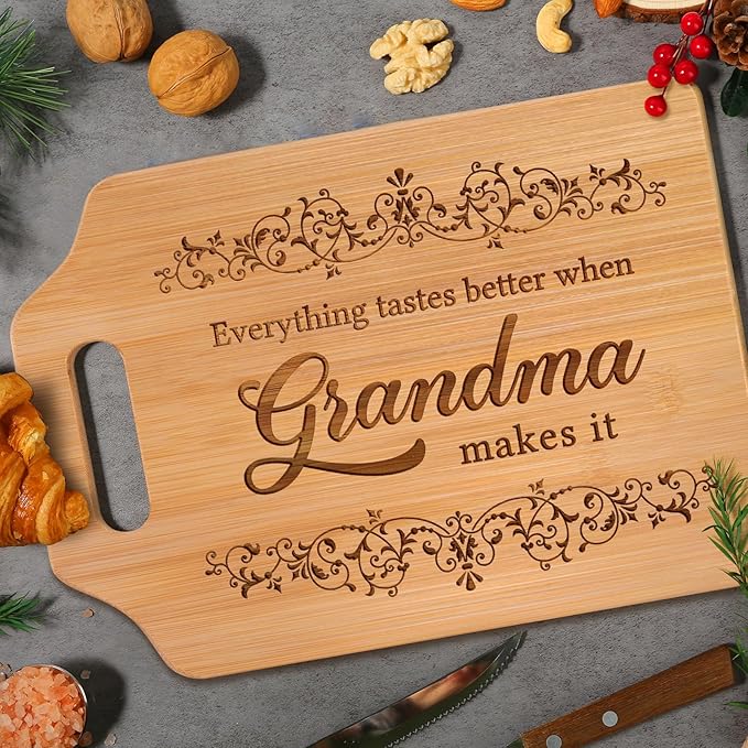AceThrills Grandma Gifts for Grandma Birthday Gifts from Grandkids for Mother's Day - Engraved Bamboo Cutting Board 13.78"L x 9.84"W x 0.4"Th (Everything Tastes Better)