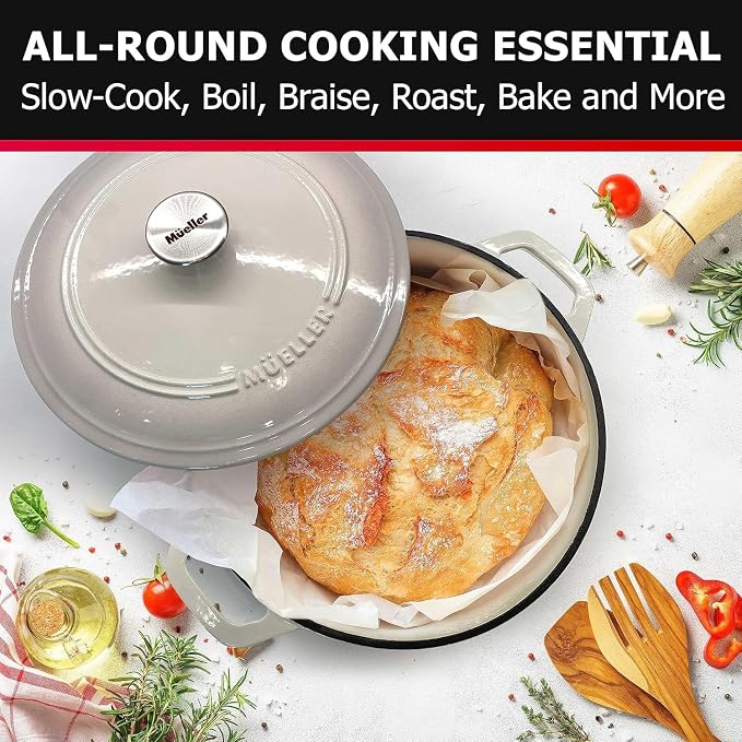 MUELLER HOME 4.5 QT Enameled Cast Iron Dutch Oven, Heavy-Duty Casserole Dish and Braiser Pan with Lid and Stainless Knob, Oven-Safe up to 500° F & Across All Cooktops, Oyster White | Heavy-Duty Casserole Dish and Braiser Pan, Lid with Stainless Knob, O...