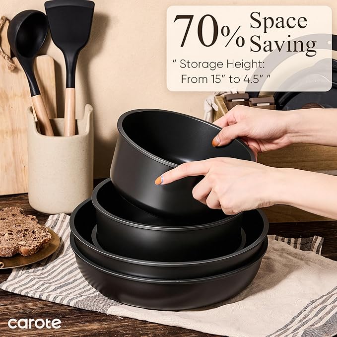 CAROTE 31pcs Pots and Pans Set Non Stick, Cookware Set Detachable Handle | Baking Pans Set, Induction Compatible, Dishwasher & Oven Safe, Space Saving, Camping Cooking Set, Kitchen Set, Black