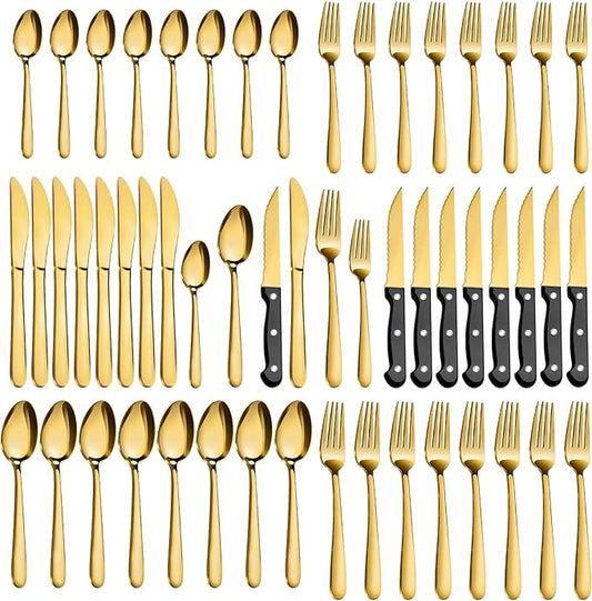 Pleafind 48-Pieces Gold Silverware Sets for 8, Flatware Set with Steak Knives, Stainless Steel Cutlery Set, Include Forks Spoons and Knives Set, Dishwasher Safe Utensil Sets for Home Restaurant