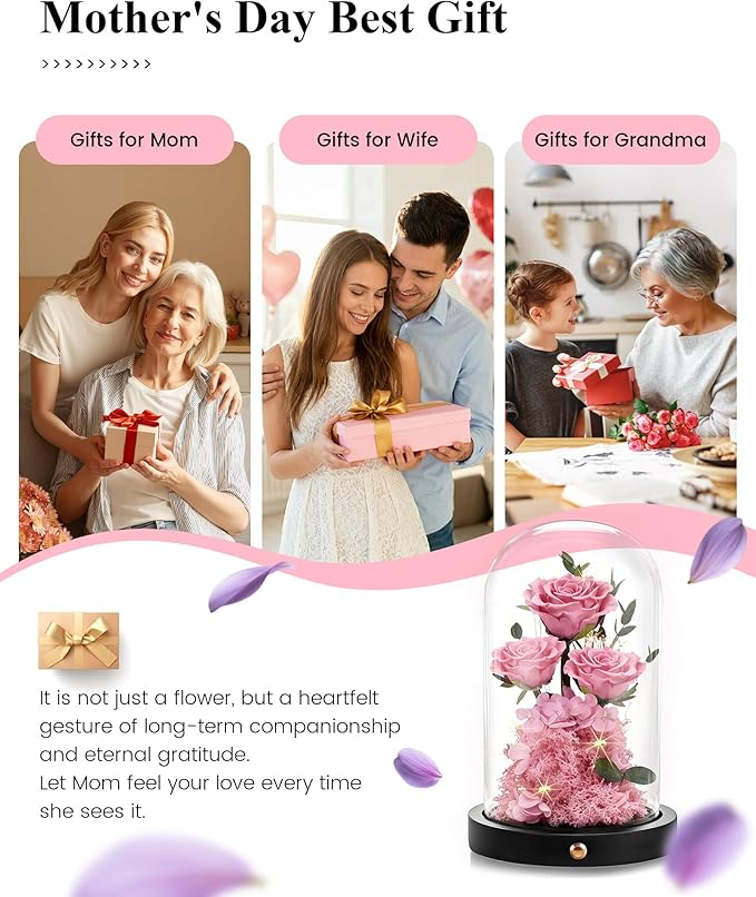 Agrul Mothers Day Flowers Roses Gifts for Mom,Forever Preserved Flower Rose in Glass Dome Fresh Flowers for Delivery Mothers Day Roses Gifts for Wife Women Mom Grandma from Daughter/Pink Rose