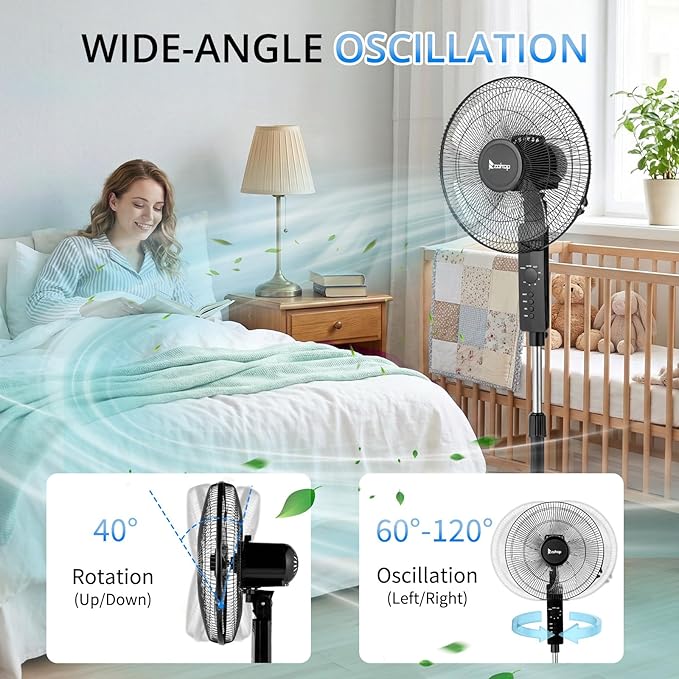 Winado 16 inch Oscillating Pedestal Fan with Remote Control, 3-Speed Stand Fan, High Velocity, Adjustable Height & Tilt, 7.5H Timer, Quiet Standing Fan for Bedroom, Living Room, Office, Black