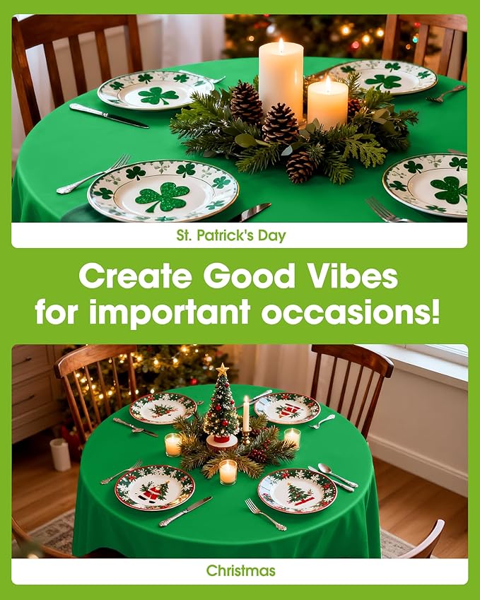 Pureegg Plastic Table Cloth Disposable 20 Pack, 84'' Round Table Cloths, St Patricks Day, Christmas Decorations, Tablecloths, Round, Forest, Emerald, Plastic Cover, Leakproof & Sturdy, Green