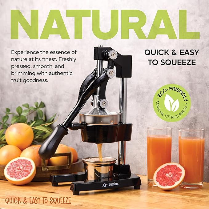 Eurolux Ultra-Premium Cast Iron Juicer | Extra-Large, Heavy Duty, Commercial Grade, Stainless Steel Manual Hand Press Citrus Squeezer For Fresh Orange Juice, Pomegranate, Lemon, and Much More (Black)