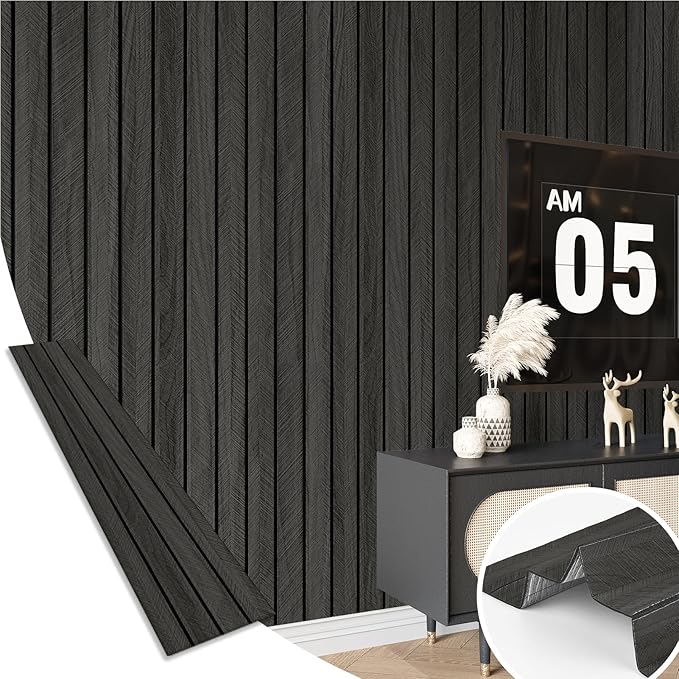 Wood Slat Wall Panel Grey Black 3D Wood Panels for Wall Decor Removable Shiplap Peel and Stick Wallpaper Acoustic Wooden Slat Wallpaper for Bedroom Cabinet Backsplash TV Background Ceiling