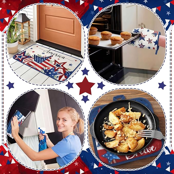 Fourluoo 10 Pcs 4th of July Kitchen Decor and Accessories Red Blue and White Oven Mitts and Pot Holders Set Dish Towels Patriotic Independence Day Kitchen Decor for Chef Baking Cooking BBQ Women Gift