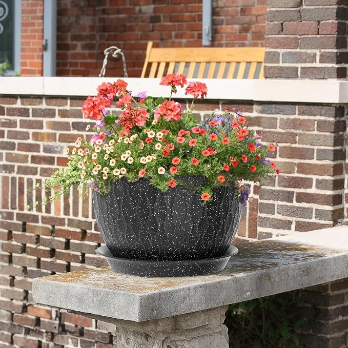 Meowell 12/10/9 inch Large Flower Pots, 3 Set Big Plant Pots for Outdoor Indoor Plants with Water Ripples, Wide Plastic Planters with Drainage Holes and Saucers for Garden House Plants, Speckled Black