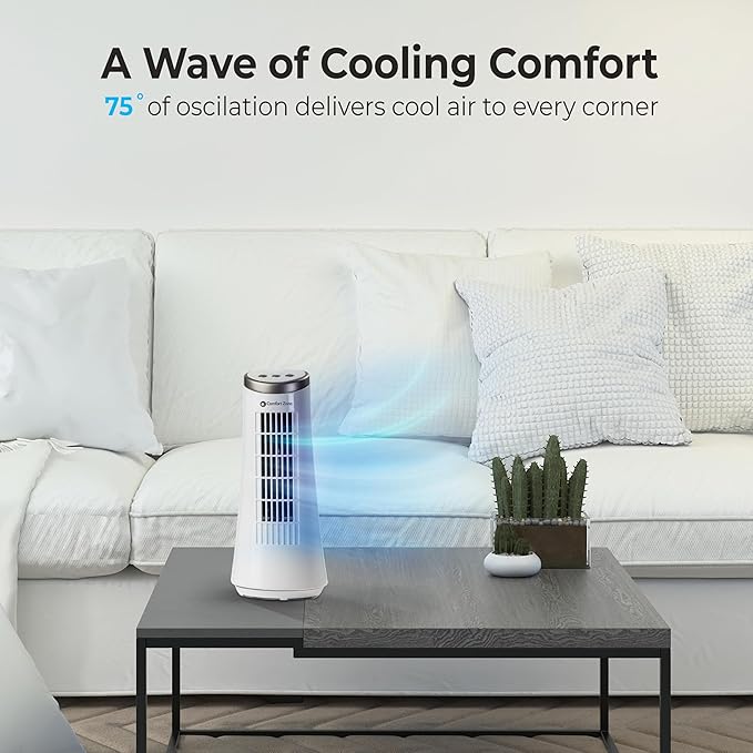 Comfort Zone 12-Inch Oscillating Desktop Tower Fan – Ultra-Slim Bladeless Design with 2 Speeds, Electronic Touch Controls & Carry Handle – Quiet Portable Personal Fan for Bedroom, Dorm, or Office