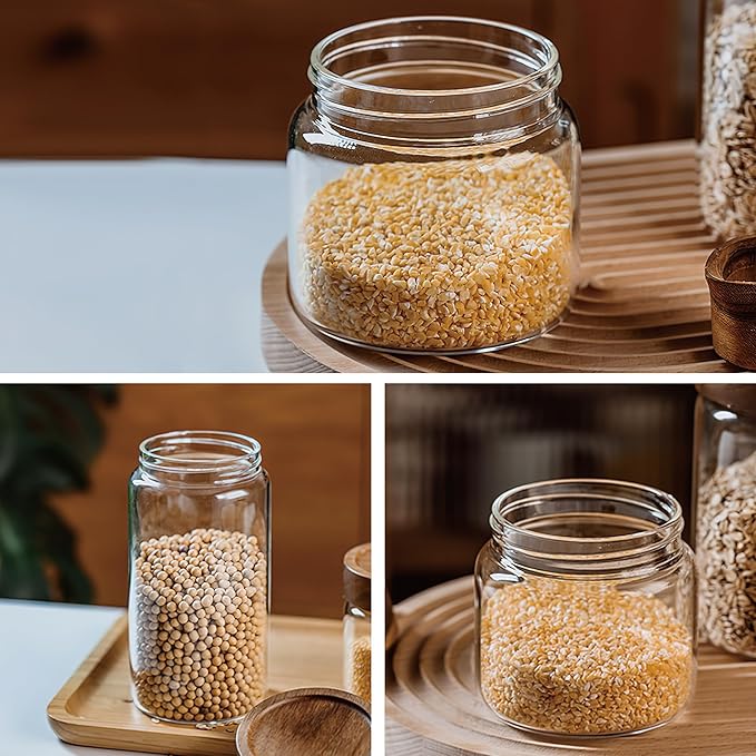 28 fl oz/850 ml Clear Glass Storage Canister with Airtight Wooden Screw Lid, Medium Cute Decorative Glass Container Jar for Coffee,Candy,Salt,Cookie,Condiment,Pepper,Sugar,Overnight Oatmeal
