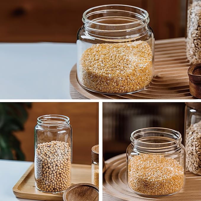 3 Pack 28 fl oz/850 ml Clear Glass Storage Canister with Airtight Wooden Screw On Lid, Medium Decorative Glass Container Jar Set for Coffee, Candy, Cookie, Condiment, Pepper, Sugar, Oatmeal