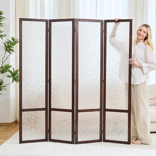 4 Panel Acrylic Room Divider Privacy Screen - Freestanding Frosted Translucent Partition, Lightweight Modern for Home Office Studio (Walnut, 4 Panels)