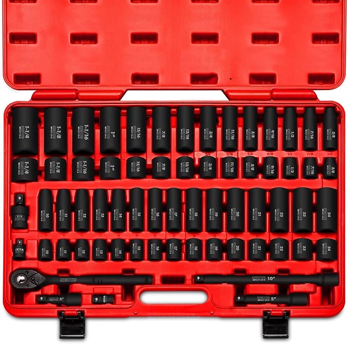 NEIKO 02448A 1/2" Drive Master Impact Socket Set, 65 Piece, Standard SAE (3/8"-1-1/4") & Metric (10-24 mm) Sizes, Deep & Shallow Kit, Includes Adapters & Ratchet Handle