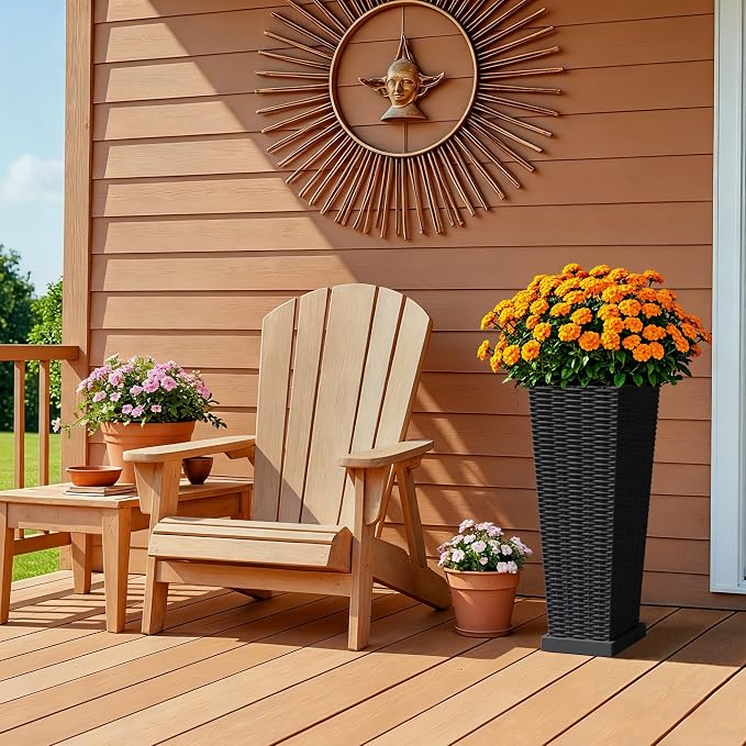Devoko Resin Tall Planters for Outdoor Plants Set of 2, Large Taper Outdoor Planter Pots with 4 Drainage Holes, Flower Pots Modern Decor for Porch, Patio, Backyard, Garden(Black, 23.6" with Trays)
