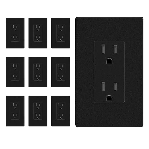 ENERLITES 10 Pack Matte Black Decorator Receptacle with Screwless Wall Plate, Standard Electrical Wall Outlet, 15A 125V, Self-Grounding, 2-Pole, 3-Wire, UL Listed, 61502-TR-MBKSID, Tamper Resistant