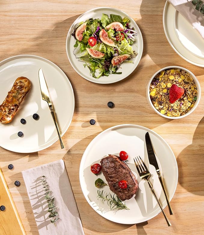 TheTerra Ceramic Dinnerware Sets with Pasta Bowls for 4, 16 Pieces Porcelain Lightweight Plates and Bowls Sets, Scratch Resistant Dish Set, Oven & Microwave & Dishwasher Safe, Beige