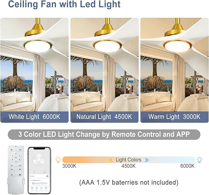 Modern Ceiling Fan with Light: White and Gold Ceiling Fans with Remote and Smart APP Control 3 Blades - 52 Inch Ceiling Fan for Indoor Living Room Bedroom