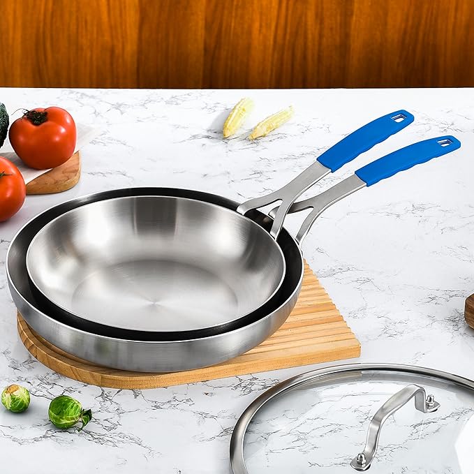Inqibee 8.5-10-12 Inch Tri-Ply Stainless Steel Frying Pan Set with Lids, Skillets, Induction Chef's Cooking Pans, Pots and Pans Set, Dishwasher Safe and Detachable Handle