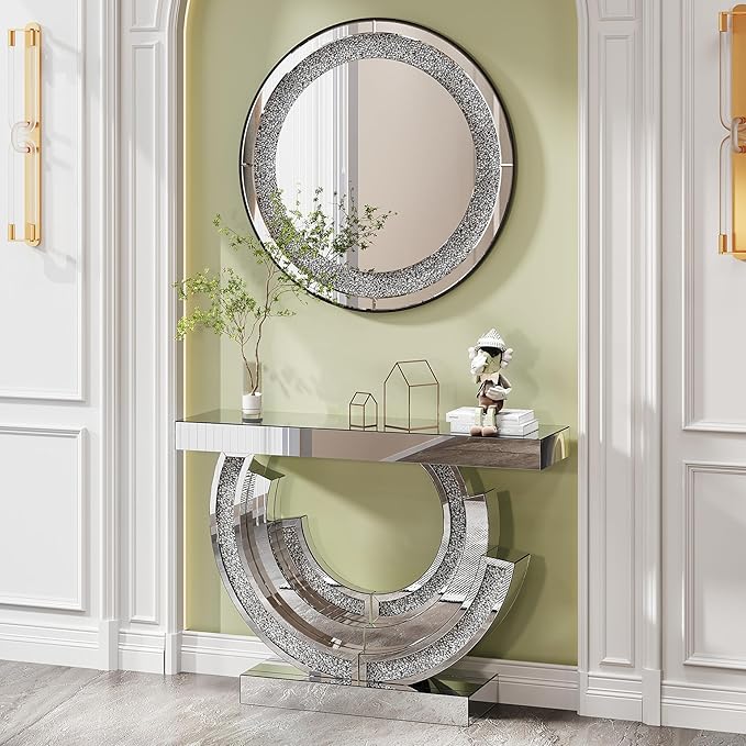 SSLine 2-Piece Set Mirrored Console Table with Wall Mirror, 43" Modern Mirror Entryway Table with 3C-Shape Base, Round Crush Diamond Decor Mirror for Entryway Hallway