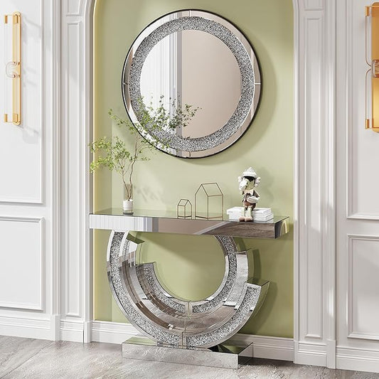 SSLine 2-Piece Set Mirrored Console Table with Wall Mirror, 43" Modern Mirror Entryway Table with 3C-Shape Base, Round Crush Diamond Decor Mirror for Entryway Hallway