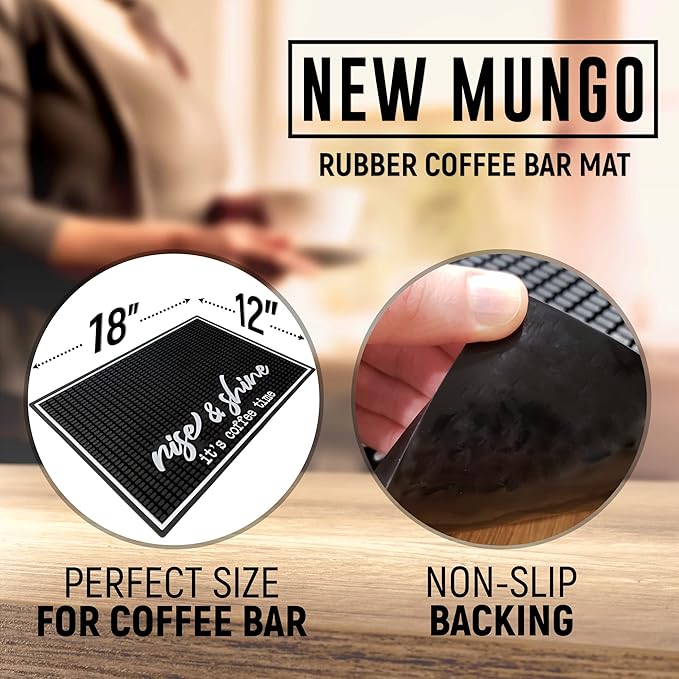 New Mungo Coffee Bar Mat – “Rise & Shine It’s Coffee Time” – Spill-Proof PVC Coffee Station Mat, Non-Slip Countertop Protector 18"x12"
