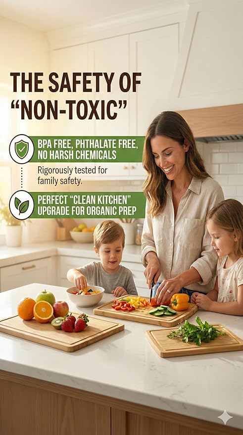 GREENER CHEF Glue-Free Surface Organic Bamboo Wood Cutting Board 3-Piece Set – Non Toxic Cutting Board Set – Lightweight, Heavy Duty Wooden Serving Boards for Charcuterie - Safer Family Meal Prep