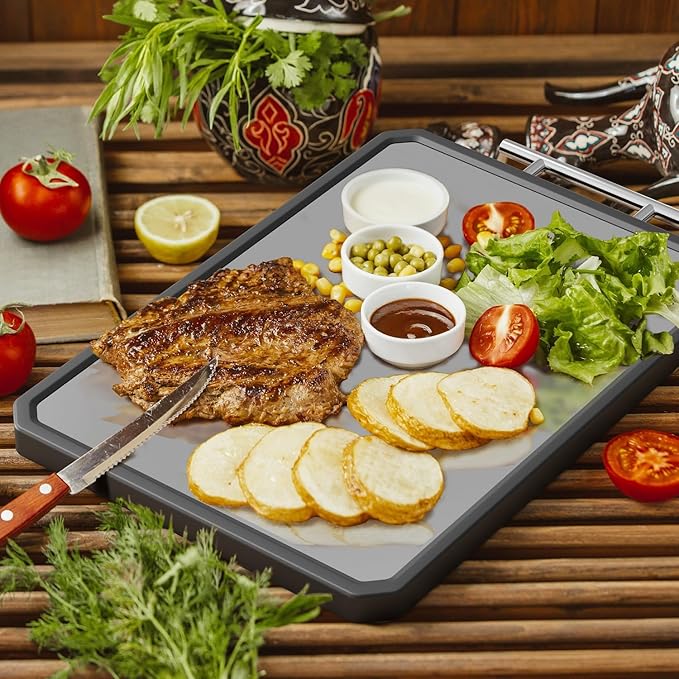 Wood Cutting Board with Handle, Double Sided Cutting Board for Kitchen, 16 * 11 inch 304 Stainless Steel Chopping Board for or Kitchen Meal Prep Serving