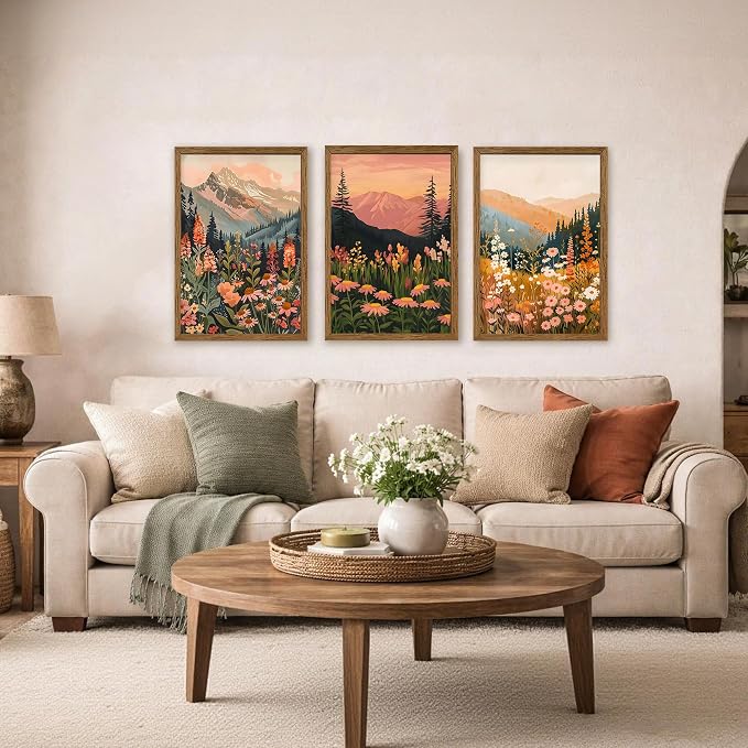 WRFON Botanical and Flower Canvas Wall Art, Framed Mountain Landscape Wall Art Set of 3, Wildflower Meadow Canvas Print, Rustic Nature Decor for Living Room Bedroom Cabin Lodge Farmhouse Decor, 16x24