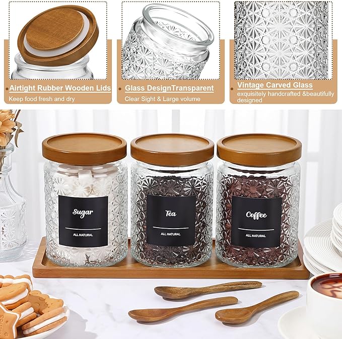 3 Pcs Glass Coffee Container Set with Wooden Lid Spoon Shelf Labels Clear Sugar Tea Airtight Jar Food Storage Canisters Set for Spice Holder Coffee Bar Gifts(Star,24 oz)