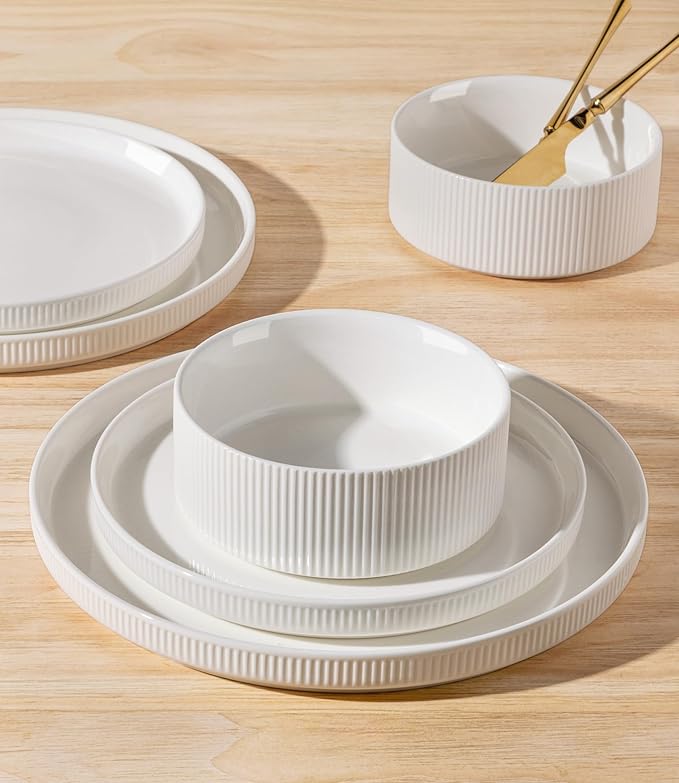 TheTerra Ceramic Dinnerware Sets for 8, 24 Pieces Porcelain Lightweight Plates and Bowls Sets, Scratch Resistant Dish Set, Oven & Microwave & Dishwasher Safe, Crisp White