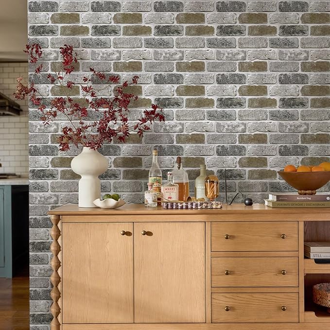 COMSTICKC 3D Faux Brick Wall Panel Peel and Stick, 10 Pcs of 12"X12", Small Size, Ultra-Light PVC Fake Brick Decorative Tiles Backsplash, Paintable, Not Real Brick (Vintage Brown Gray)