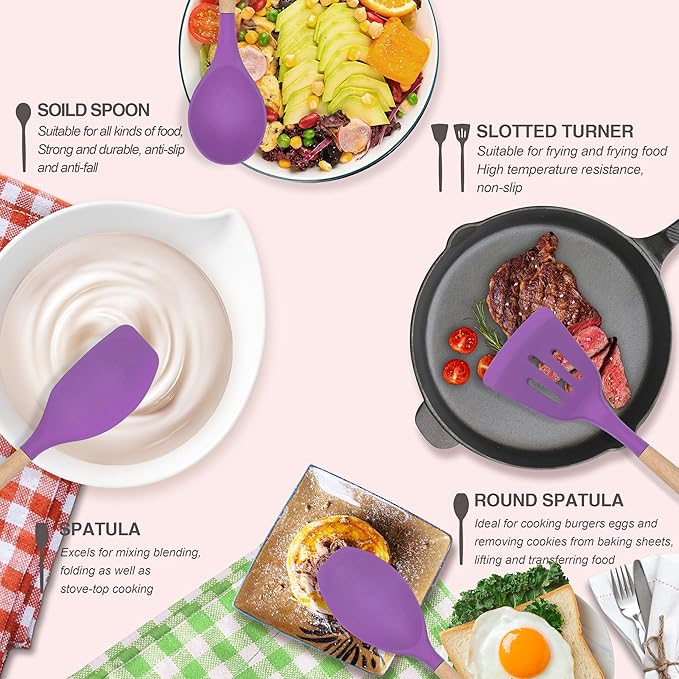 Kitchen Utensils Set 12 Pieces Nonstick Silicone Cooking Utensils Wood Handle Silicone Cooking Utensils Set with Holder Dishwasher Safe BPA Free (Purple)