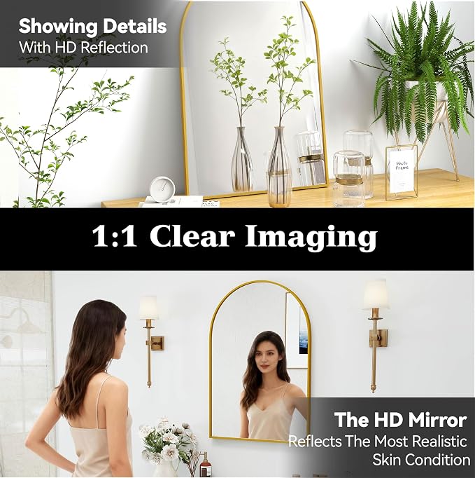 SCWF-GZ 30x20 Arch Mirror Rectangle Wall Mounted Hanging or Against Wall Metal Aluminum Alloy Frame Mirrors for Entryway Bedroom Bathroom Living Room 30 20 inch Gold