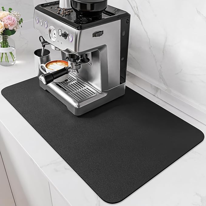PoYang 24"x16" Coffee Mat Large, Coffee Bar Accessories for Countertop, Absorbent Dish Drying Mat, Anti-Slip and Hide Stain Pad for Espresso Machine, Espresso Maker and Kitchen Counter, Black