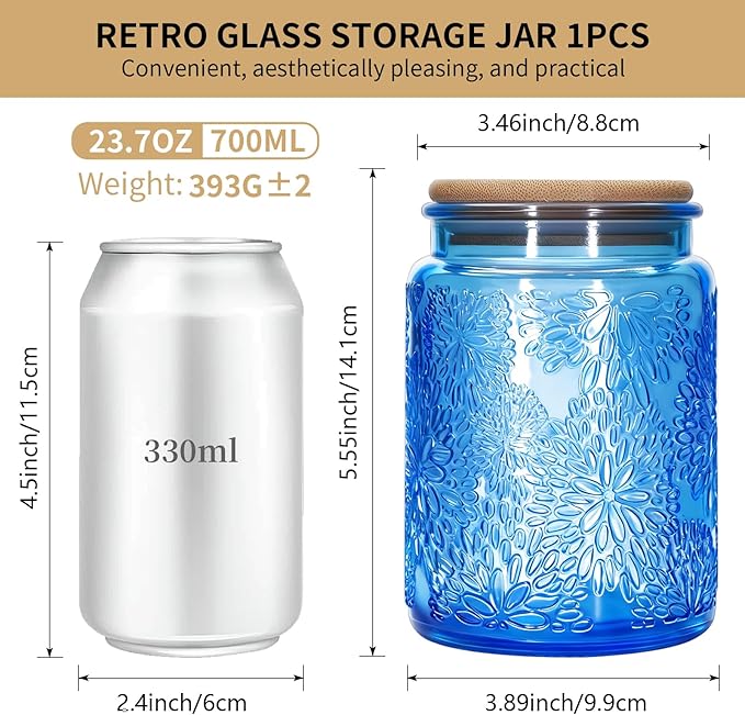 1Pc Snowflakes Style Vintage Glass Candy Jar with Airtight Bamboo Lid, Kitchen Storage Canister for Sugar, Coffee, Tea, Cookies, Bath Salt - Decorative Mason Jar for Pantry & Counter (1, Blue, 24oz)