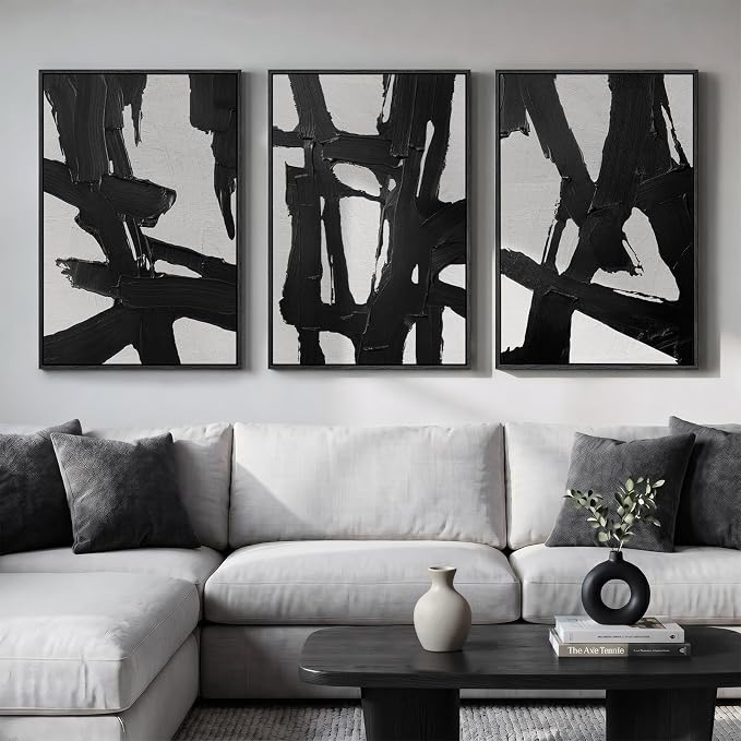Large Framed Black and White Abstract Wall Art for Living Room, 3 Piece Canvas Prints Paintings Artwork for Walls, Modern Minimalist Wall Decor for Bedroom Dining Room Office hallway 24x36 In